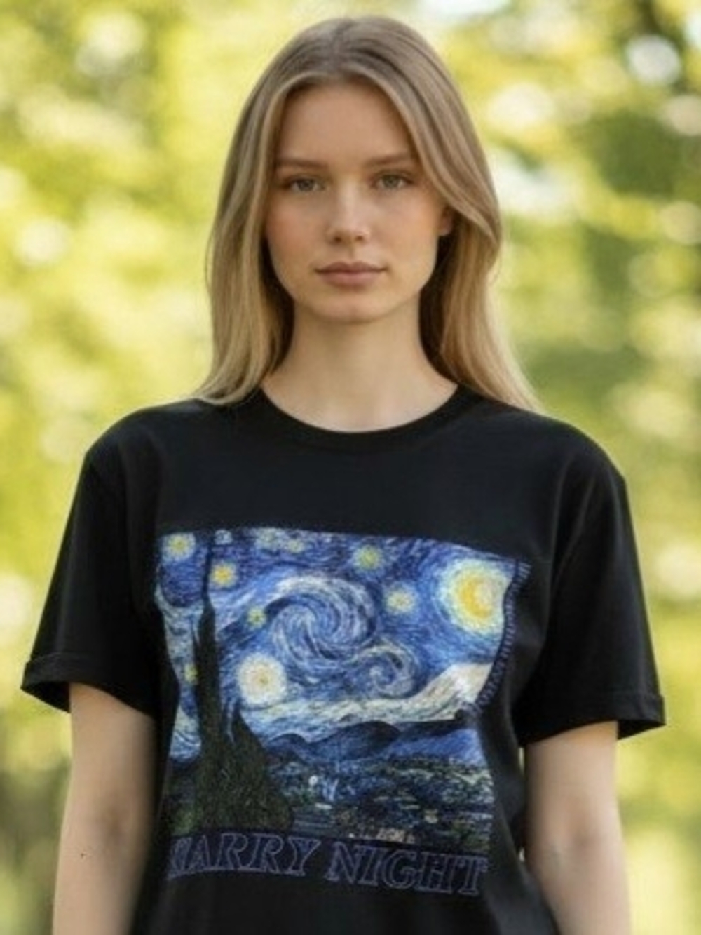 Black Tee with Starry Night Artwork
